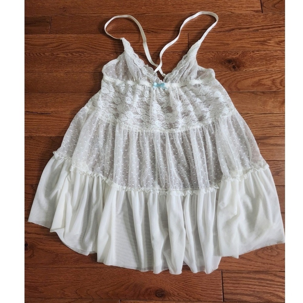 Gillian & OMalley Intimates Sheer White Lace Babydoll Slip Chemise Blue Bow S
